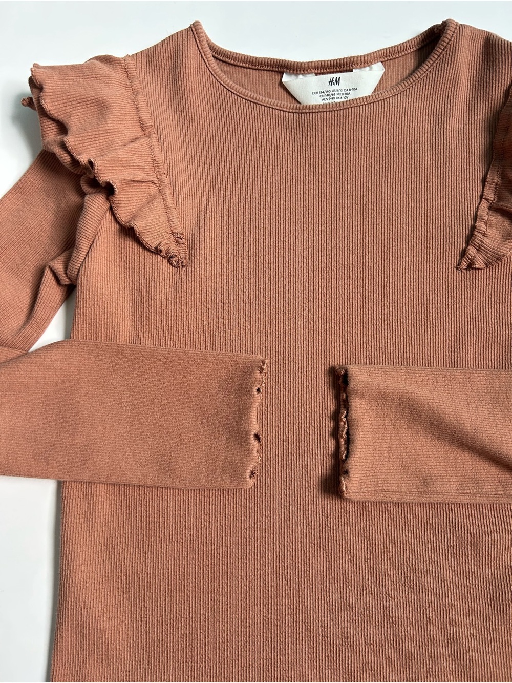 H&M Women's Rust Ruffle-Shoulder Ribbed Long-Sleeve Top - Picture 3 of 3